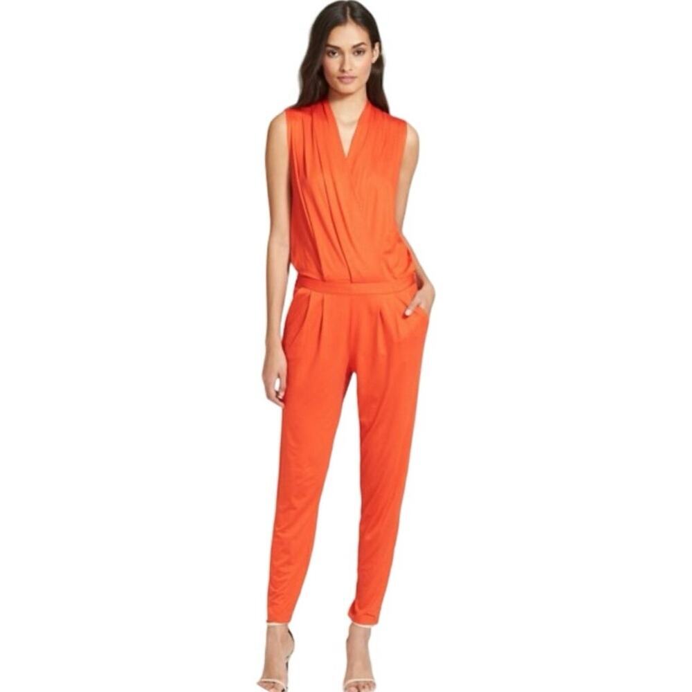 Trina Turk Pauline Surplice Jumpsuit Size Medium Orange Tapered Leg Stretch